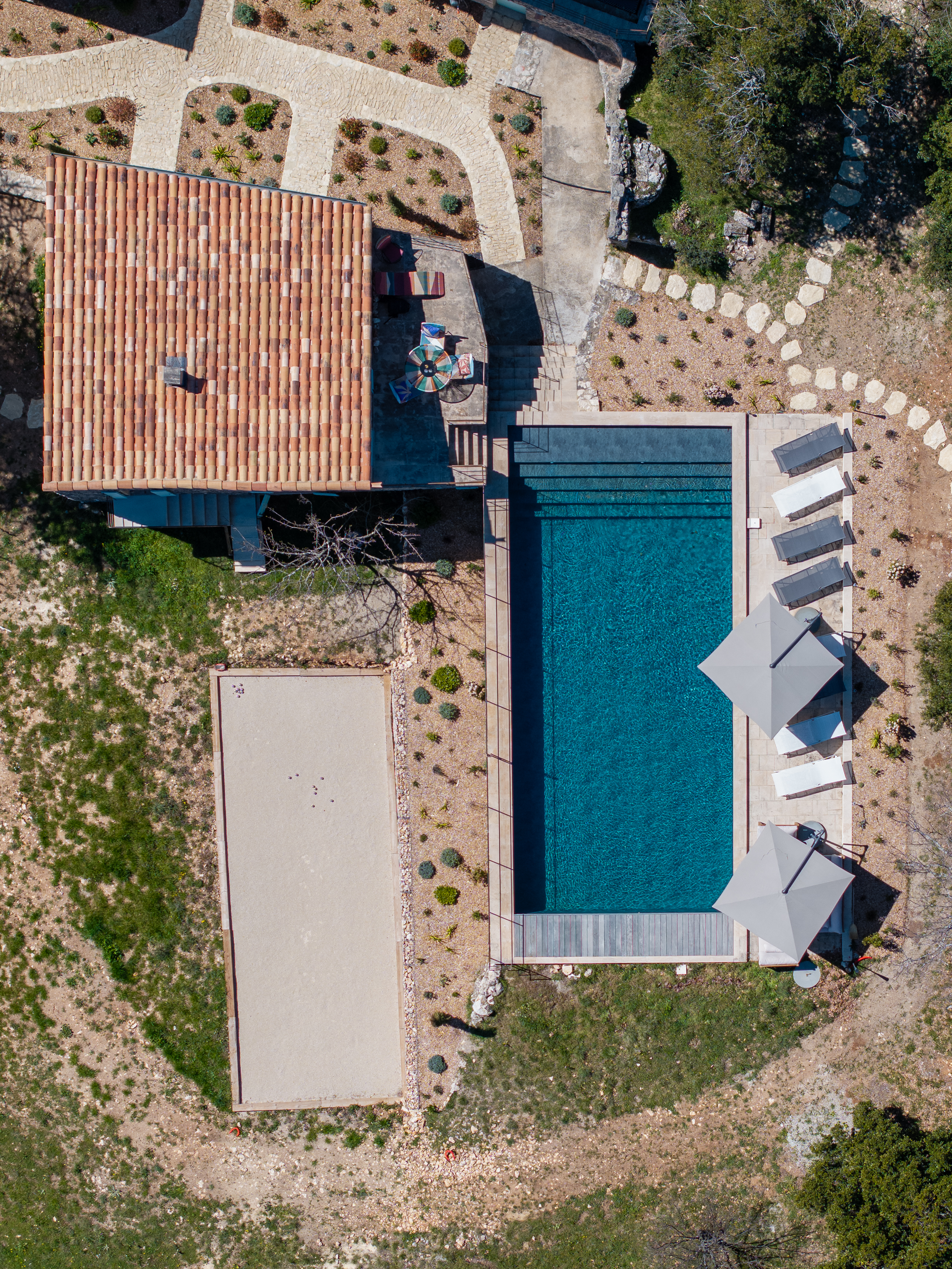 Vue drone jardin avec piscine, mas provençal et aménagements paysagers